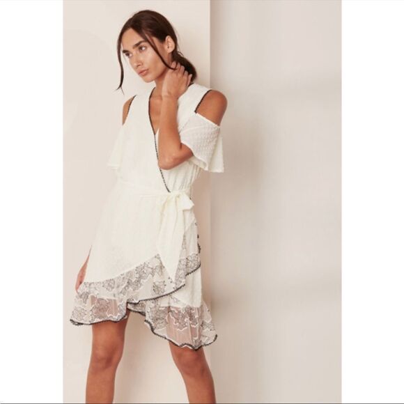 foxiedox Dresses & Skirts - foxiedox Cream Cold-Shoulder Ruffle Lace Wrap Dress